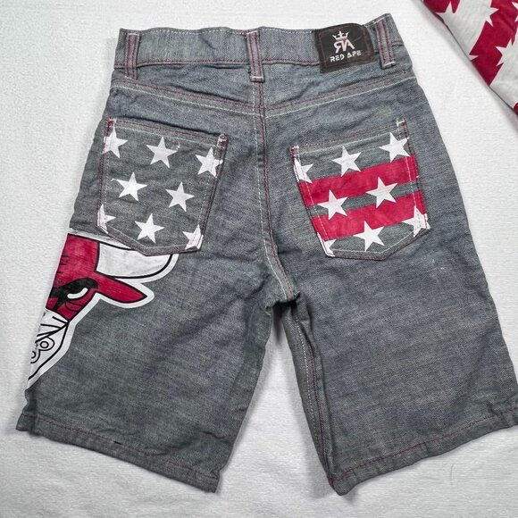 Red Ape Youth Size 8 Small Shorts and Shirt Set Bull Logo Red White Blue - Picture 7 of 9
